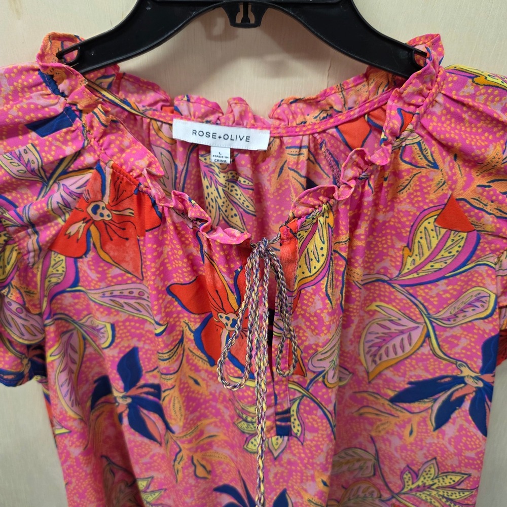 Rose + Olive Pink Floral Ruffle Neck Tassel Blouse Large Flutter Sleeve Top - Picture 9 of 10